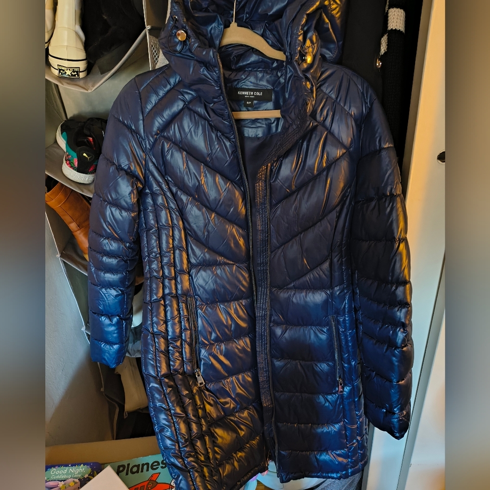 Kenneth Cole Women's Shiny Navy Puffer Coat